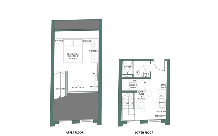 Architectural floor plan for the two-story Midtown Loft Suite, detailing the upper floor (bedroom, desk, storage) and the lower floor (kitchenette, dining, bathroom, washer/dryer).