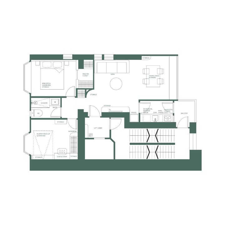 Floor plan of the Two-bedroom Residence at Weave Residences – Robinson, featuring two bedrooms (one with a Murphy bed), a separate living/dining area, and a kitchen with a closed or semi-enclosed layout.