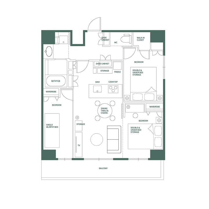 Detailed English-labeled floor plan for a Three Bedroom Plus Unit, showing three bedrooms (one with a Murphy bed), two with double beds, a central living/kitchen area, and a balcony.