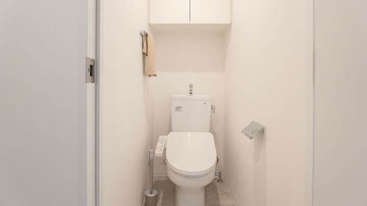 Small, white private toilet room with a modern Japanese Washlet bidet toilet, a chrome toilet paper holder, and a built-in storage cabinet above the tank.