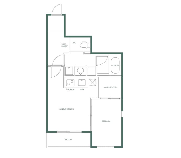 Simplified floor plan for a 'One Bedroom Plus' apartment in Higashi Koenji with labels in English, showing a Living and Dining area, Bedroom, Walk-in Closet, Kitchen with Cooktop and Sink, WC, and Balcony.