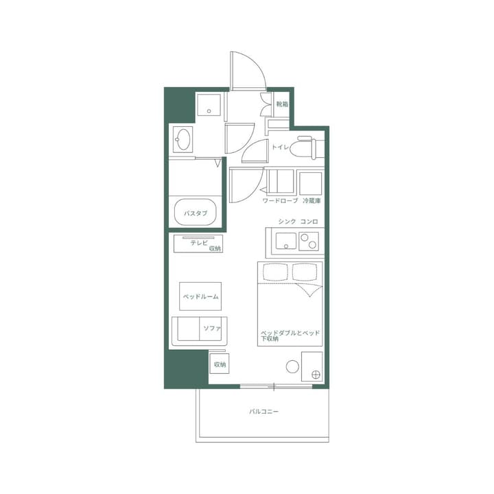 Japanese floor plan for a long, rectangular one-bedroom apartment unit in Asakusa, showing the layout of the bathroom, kitchen, bedroom, and balcony.
