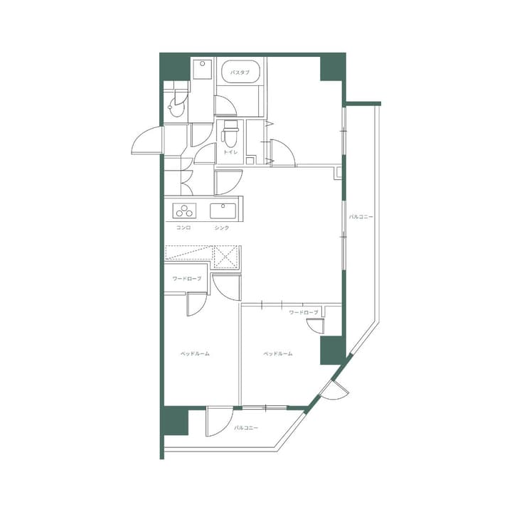 Monochrome line drawing of the three-bedroom apartment floor plan, showing the layout of the kitchen, bedrooms, storage, and two balconies, with labels written in Japanese.