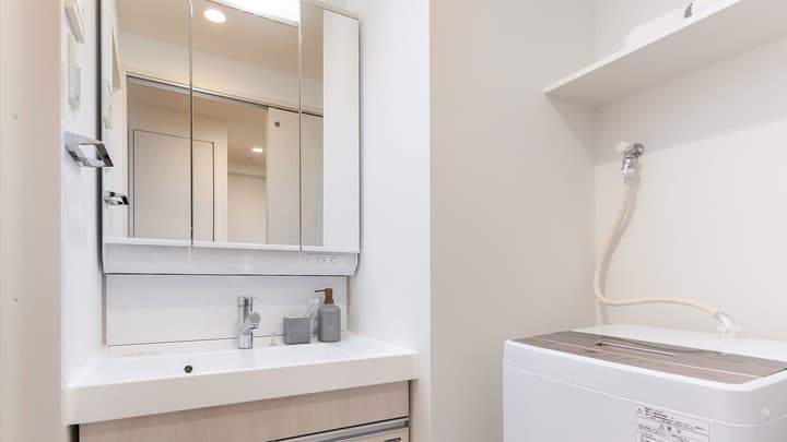 Apartment bathroom vanity with a sink and mirrored cabinet, next to a washing machine and a white storage shelf in the laundry area.