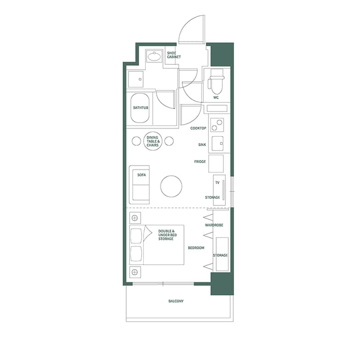 Floor plan for Unit A in a Morishita one-bedroom apartment, showing the layout for the bedroom, living area with sofa and dining table, kitchen, balcony, and separate bath and WC.