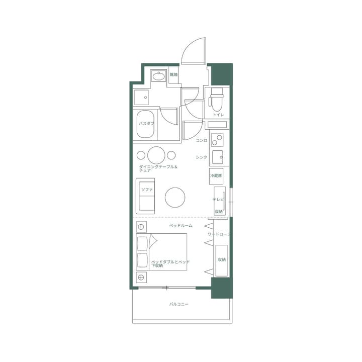 Japanese language floor plan for a one-bedroom apartment in Morishita, detailing the layout including the bedroom, living space, kitchen with appliances, and balcony.