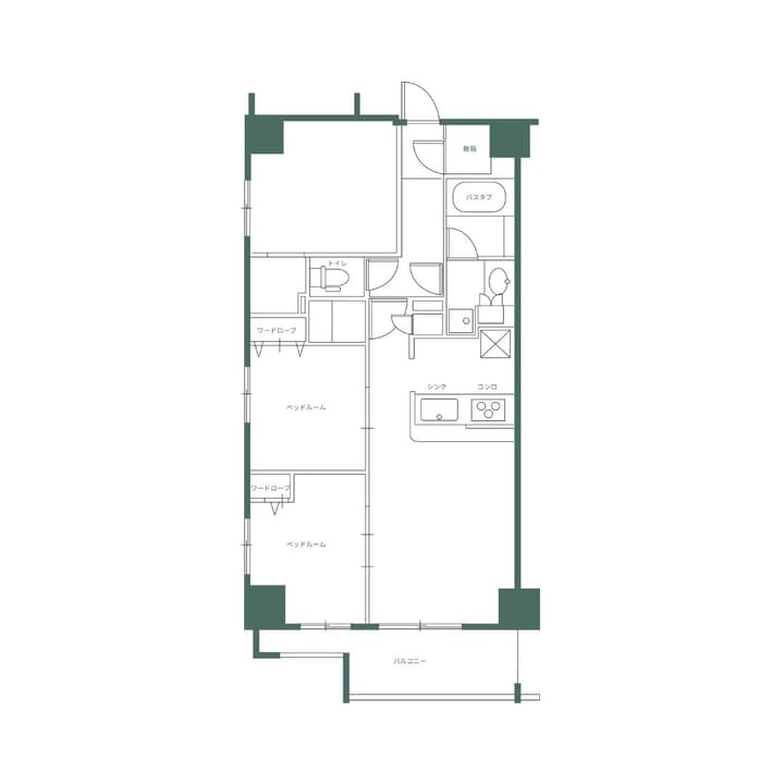Monochrome line drawing of the two-bedroom apartment floor plan, showing the layout of the kitchen, bedrooms, storage, and balcony, with labels written in Japanese.