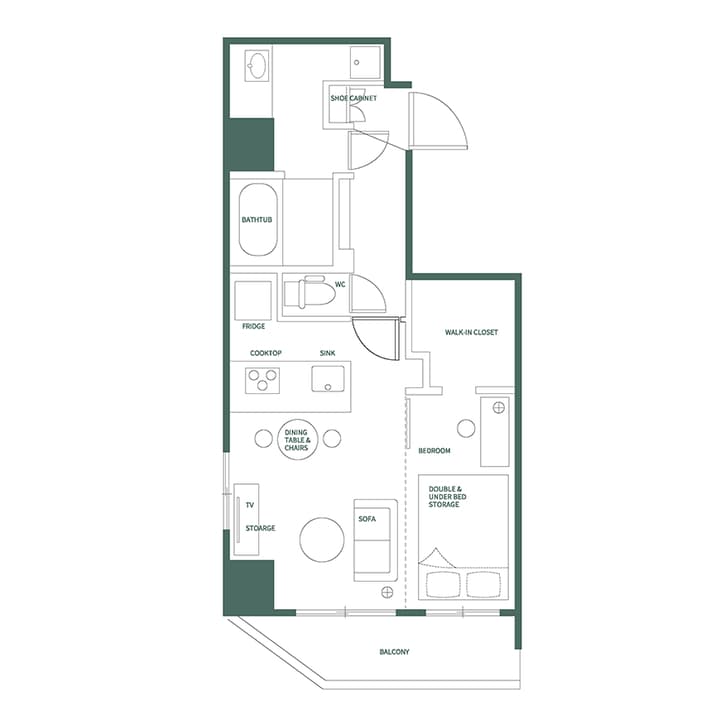 Schematic floor plan of the Ryogoku One Bedroom Plus unit with English labels, detailing the walk-in closet, separated WC, full bathroom, kitchen, living/dining area, bedroom, and balcony.