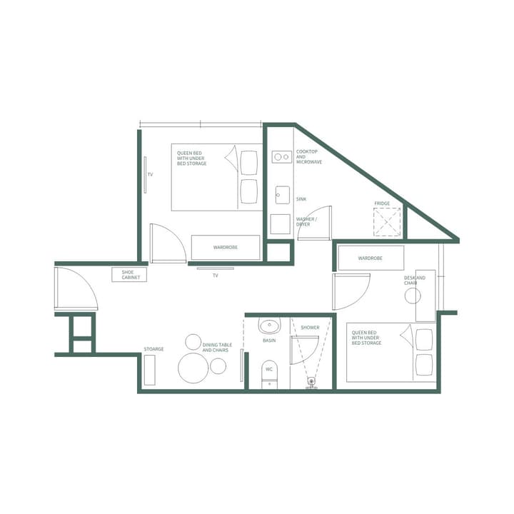Floor plan for a two-bedroom suite featuring two queen bedrooms (one with a TV), a central dining area, a single full bathroom, and a kitchen with a washer/dryer in an L-shaped layout.