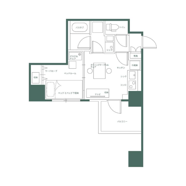 Floor plan of a single one-bedroom unit with Japanese labels, showing a balcony, kitchen, separate bathroom, and bedroom with storage.