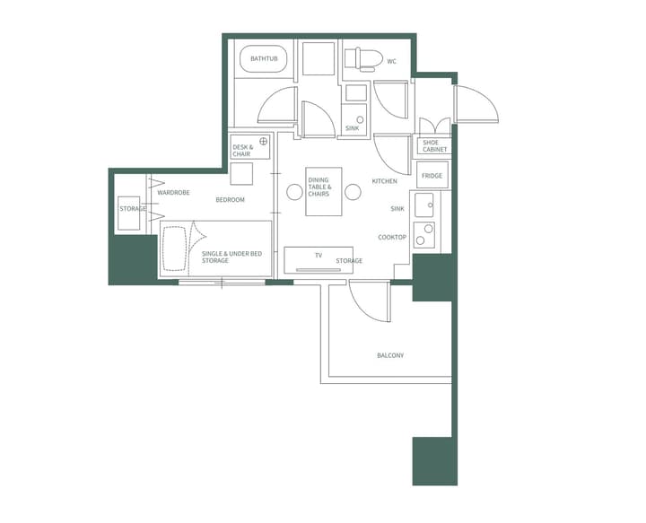 Detailed floor plan of a one-bedroom Unit B apartment, showing the layout of the bedroom, kitchen, balcony, and separate bath and WC.