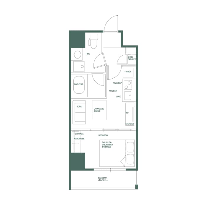Floor plan of a one-bedroom apartment with English labels, featuring a double bed with under-bed storage, separate bath and WC, living/dining area, and a balcony.