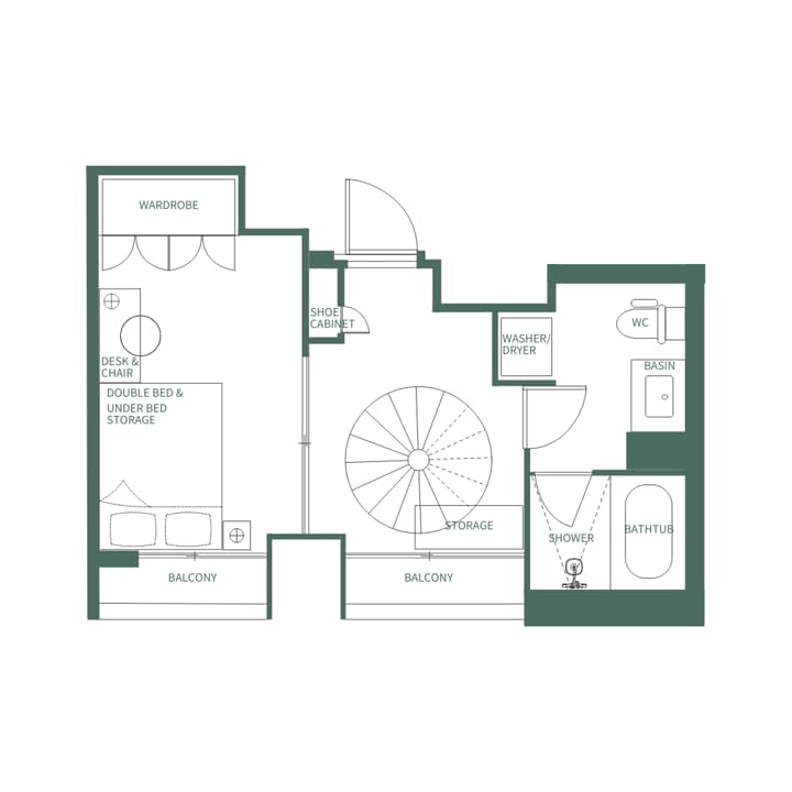 Lower level floor plan (Type V) for a duplex unit, showing the bedroom, wardrobe, desk, bathroom, and spiral staircase access.