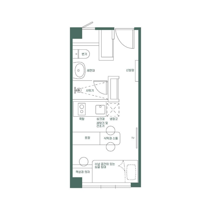 Detailed floor plan illustration of the Weave Suites Sunyu Parkside Urban Suite, showing the layout of the bathroom (변기, 세면대, 샤워기), kitchen, laundry (세탁기 및 건조기), and living/sleeping area (침대, 식탁, 옷장), with all labels in Korean.