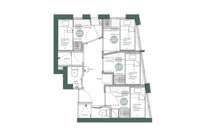 A black and white architectural floor plan diagram illustrating a "Private Quad" shared unit, showing four separate single bedrooms (Private Quad 1, 2, K, and H) with shared kitchen, shower, and toilet facilities.