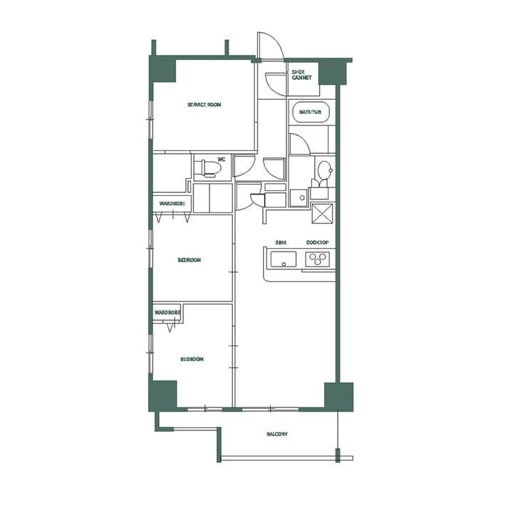 Monochrome line drawing of a two-bedroom apartment floor plan with a service room, balcony, bathtub, WC, and wardrobes, labeled in English.