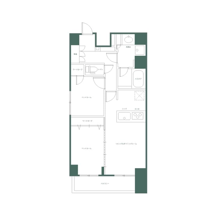 Floor plan for a two-bedroom apartment, Unit G, showing the layout with two separate bedrooms, a living/dining room, a separate kitchen, and a balcony, with labels in Japanese.