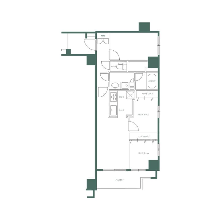 Monochrome line drawing of the two-bedroom apartment floor plan, showing the layout of the kitchen, bedrooms, storage, and balcony, with labels written in Japanese.