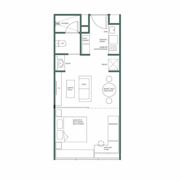 Architectural floor plan for the Junior Suite, illustrating a separated living area, bedroom with under-bed storage, and a private bath.