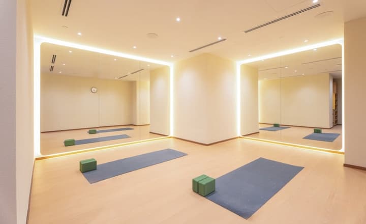 Bright, modern yoga studio with two large, illuminated mirrors and light wood-look flooring. Two yoga mats and green blocks are visible.
