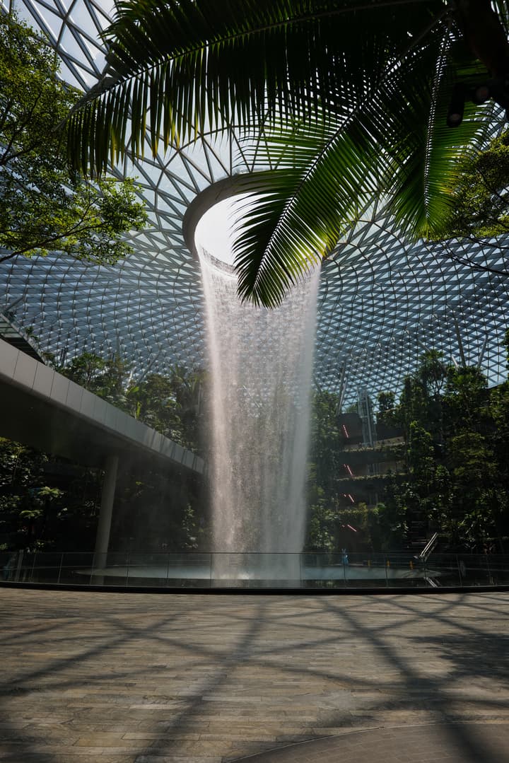 The magnificent HSBC Rain Vortex, a large indoor waterfall cascading from a central oculus in the dome of the Jewel Changi Airport in Singapore, framed by dark green palm fronds.