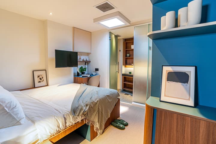Compact, modern bedroom featuring a queen bed, a skylight, a small desk area, a mounted TV, and striking teal blue wall accents with built-in shelving.