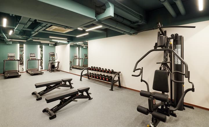 A well-equipped residential gym with free weights, benches, a multi-station machine, and cardio equipment against a mirrored wall and teal ceiling.