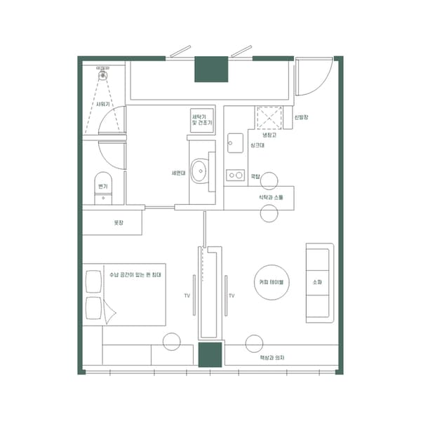 Detailed floor plan illustration of the One Bedroom Luxe Suite with Korean labels, showing the separate living room (소파, 커피 테이블, 책상과 의자) and bedroom (퀸 침대, 옷장) and the combined bathroom/laundry area.