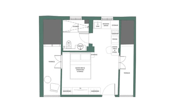 Architectural floor plan for the Midtown Garden Suite showing a queen bed, kitchenette, and a unique layout with terraces on two opposite sides of the unit.