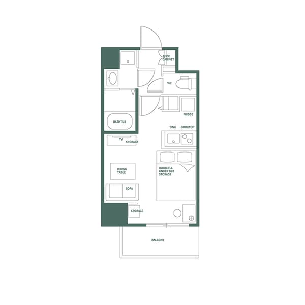 Detailed floor plan for the Asakusa One Bedroom Unit A, showing the layout of the bathroom with a bathtub, kitchen, dining/living area, and double bed with storage.