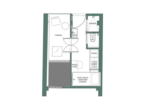 Architectural floor plan for the Midtown Urban Suite showing a layout that includes a single bed with storage, wardrobe, desk, separate bathroom with shower, and an outdoor terrace.