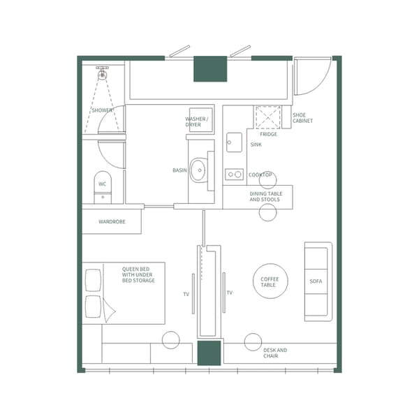 Detailed floor plan illustration of the One Bedroom Luxe Suite with English labels, showing the clear separation between the living room (Sofa, Coffee Table, Desk) and the bedroom (Queen Bed, Wardrobe) by a dividing wall with a TV mount.