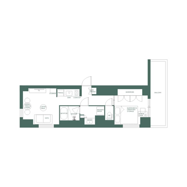 Architectural floor plan for an apartment (Type C), showing a 1-bedroom layout with a living area, kitchen, bathroom, and balcony.