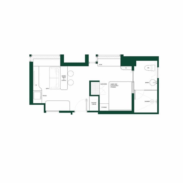 Black and white floor plan diagram for a multi-room studio or one-bedroom apartment. The plan shows a living area with a sofa, dining table, and fridge, a bedroom with a queen bed, wardrobe, and desk, and a separate bathroom with a shower and washer/dryer unit.
