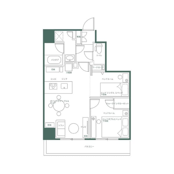 Japanese floor plan for the Two Bedroom Plus unit, illustrating an efficient layout with a central kitchen, two bedrooms, a walk-in closet, and separate bath/toilet areas.