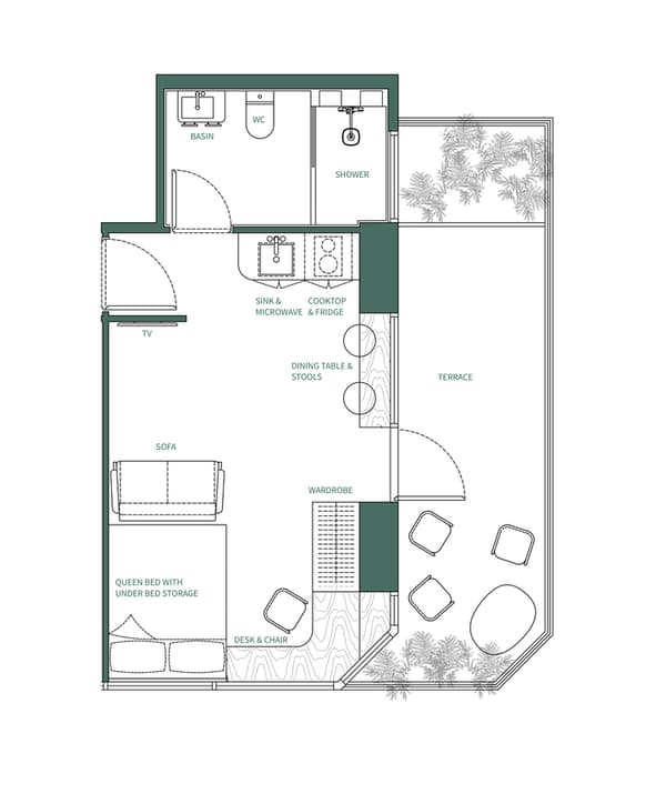 A top-down floor plan layout of a luxe terrace suite showing a queen bed, a sofa, a desk with a chair, a kitchenette with a sink and cooktop, a bathroom, and a large, angled outdoor terrace with seating for two.