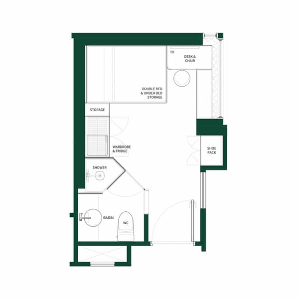 Black and white floor plan diagram for a studio unit with a double bed and under-bed storage. The layout shows a dedicated storage unit next to the bed, a wardrobe and fridge area, a desk and TV, a shoe rack, and a full bathroom with a shower, basin, and WC.