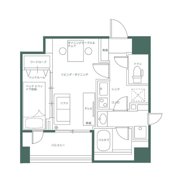 Monochrome line drawing of a one-bedroom apartment floor plan, showing the layout of the living and dining area, kitchen, bathroom, and balcony, with labels in Japanese for Monzennakacho.