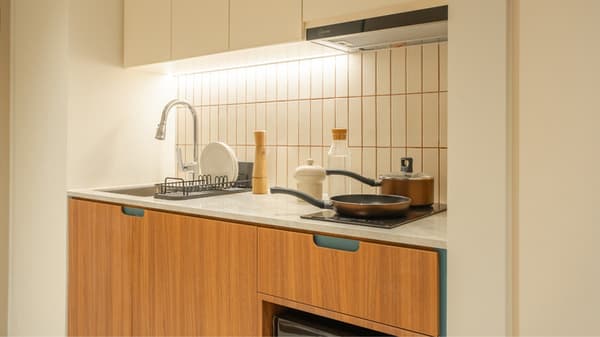 Close-up of the kitchenette with a sink, induction cooktop, white countertop, and wood-grain lower cabinets with concealed pulls.