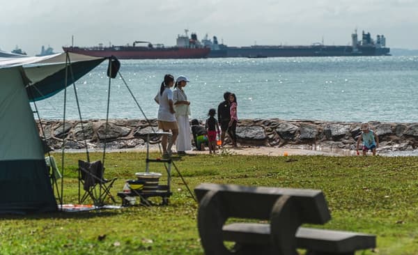A family gathered on the grassy shore near a tent, with a rocky barrier separating them from the water, and large cargo ships docked in the background.