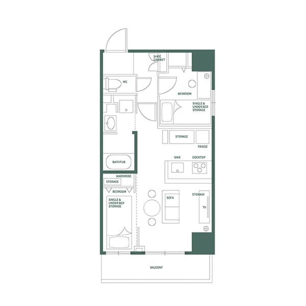 Detailed English-labeled floor plan for a rectangular two-bedroom unit in Asakusa, showing two bedrooms with single beds, a kitchen, living area, and a large balcony.