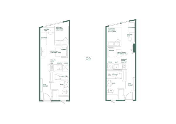 A side-by-side comparison of two floor plan options for the Premium Suite Queen, illustrating the different unit layouts with all labels in Korean (e.g., 수납 공간이 있는 퀸 침대, 소파베드, 넓은 식탁).