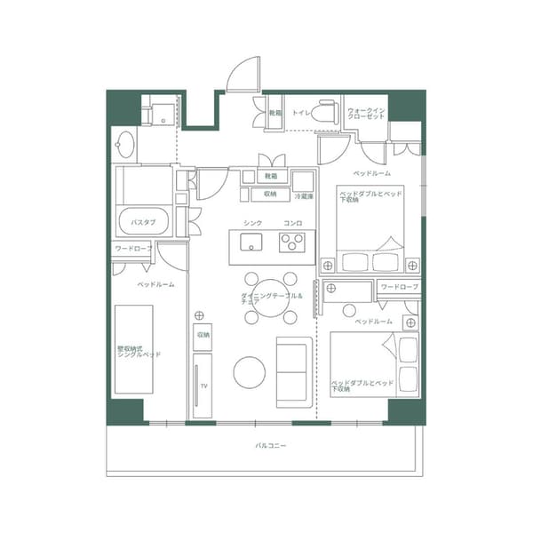 Japanese floor plan for the Three Bedroom Plus Unit in Asakusa, illustrating a large layout with three bedrooms, separate toilet and bath, and a shared living/dining/kitchen space.