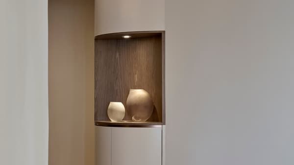 Close-up detail of a modern apartment's curved built-in storage unit with a wood-backed display niche illuminated by an accent light, holding two decorative vases.