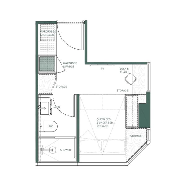 Floor plan of the Corner Suite unit at Weave Suites – Central West, showing a corner window, queen bed with under-bed storage, a desk, a separate bathroom with shower, and wardrobe/fridge unit.