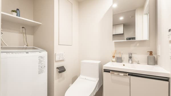Bright, clean bathroom area featuring a modern toilet, vanity sink with a mirrored cabinet, and a dedicated corner for the white in-unit washing machine.