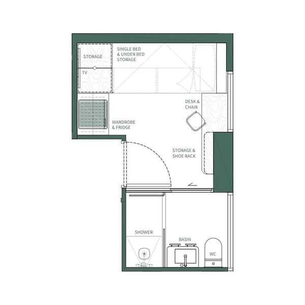 Floor plan of the Urban Suite unit at Weave Suites – Central West, showing a studio layout with a single bed, kitchenette, dining area, desk, and separate bathroom.