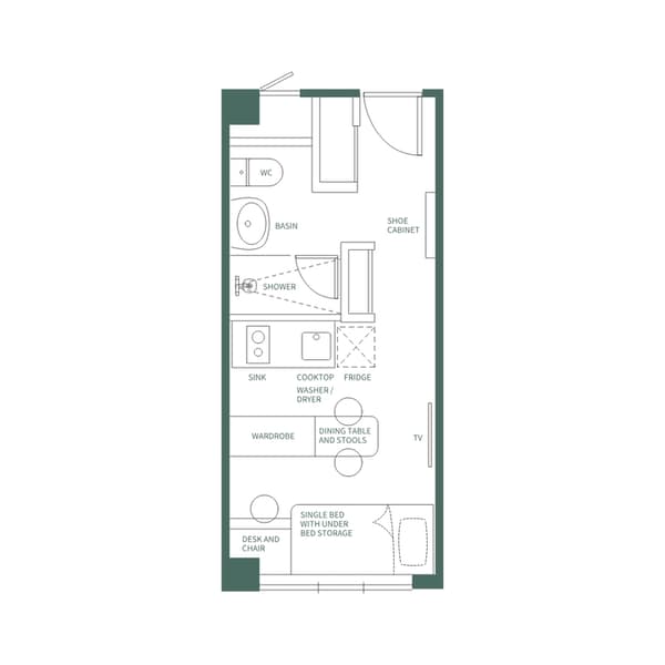Detailed floor plan illustration of an Urban Suite apartment with English labels, showing the layout of the kitchen (Cooktop, Fridge, Washer/Dryer), bathroom (WC, Shower), and living area (Single Bed with Under Bed Storage, Wardrobe).
