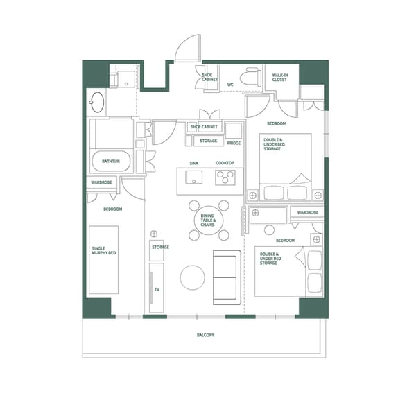 Detailed English-labeled floor plan for a Three Bedroom Plus Unit, showing three bedrooms (one with a Murphy bed), two with double beds, a central living/kitchen area, and a balcony.