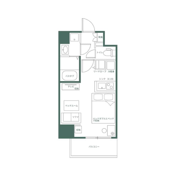 Japanese floor plan for a long, rectangular one-bedroom apartment unit in Asakusa, showing the layout of the bathroom, kitchen, bedroom, and balcony.